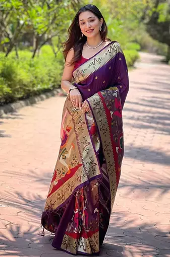 purple woven design zari silk blend paithani saree