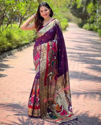 purple woven design zari silk blend paithani saree 2