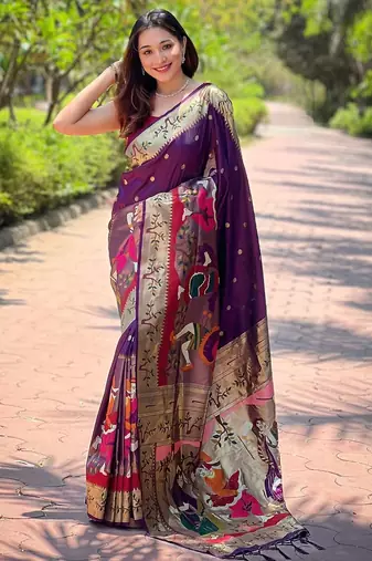 purple woven design zari silk blend paithani saree