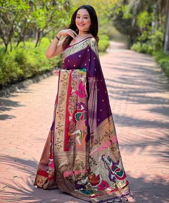 purple woven design zari silk blend paithani saree 3
