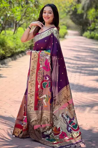 purple woven design zari silk blend paithani saree