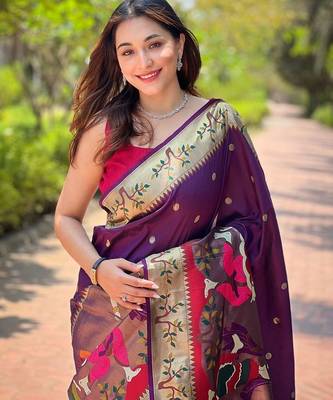 purple woven design zari silk blend paithani saree 4