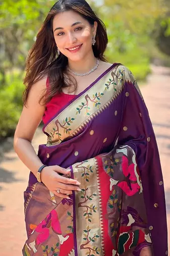 purple woven design zari silk blend paithani saree