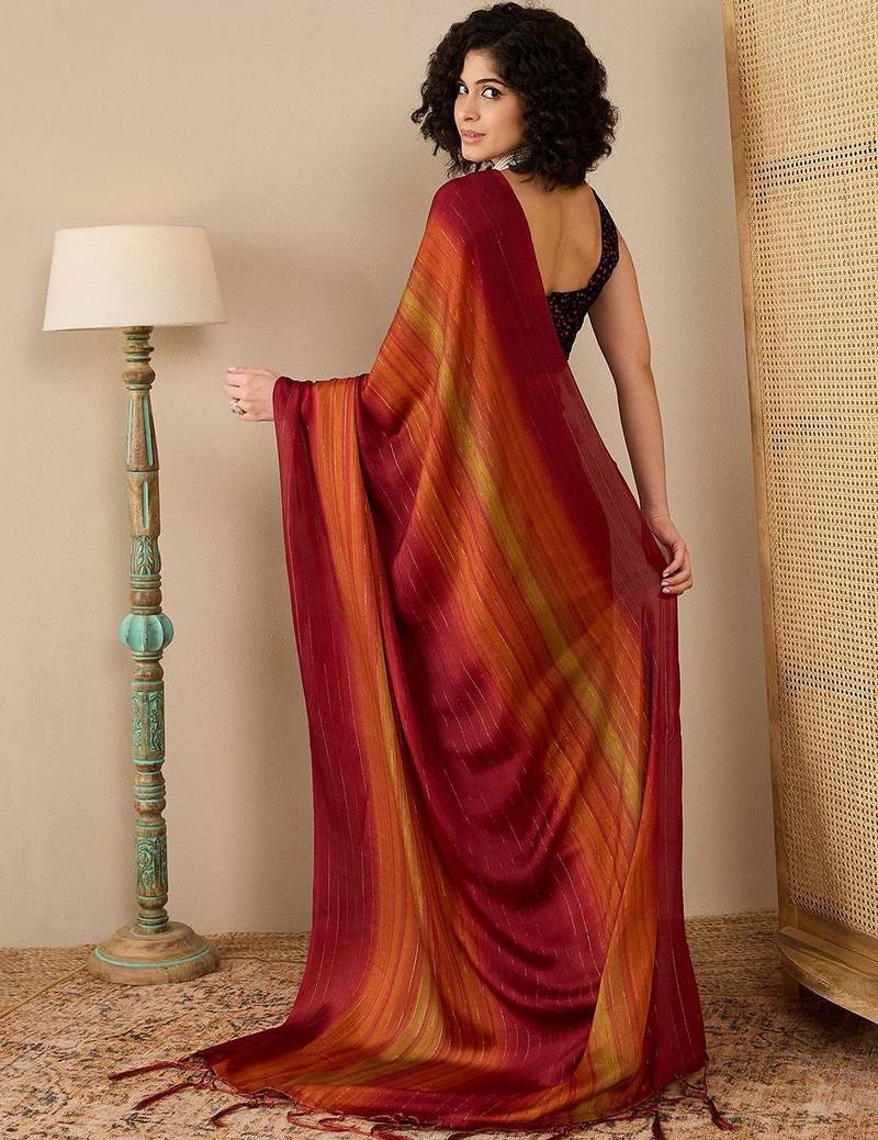 Rust striped ready to wear saree
