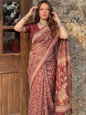 Maroon floral pure cotton saree 1