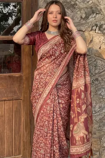 Maroon floral pure cotton saree
