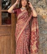 Maroon floral pure cotton saree