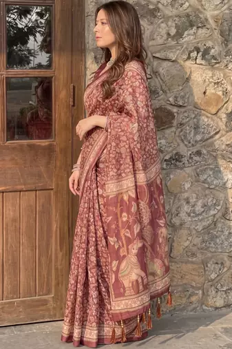 Maroon floral pure cotton saree