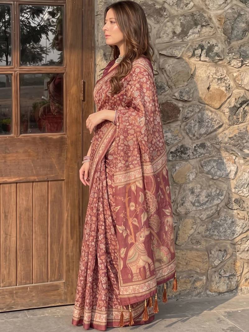 Maroon floral pure cotton saree