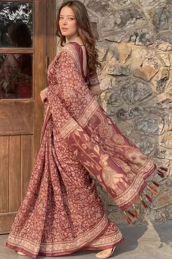 Maroon floral pure cotton saree