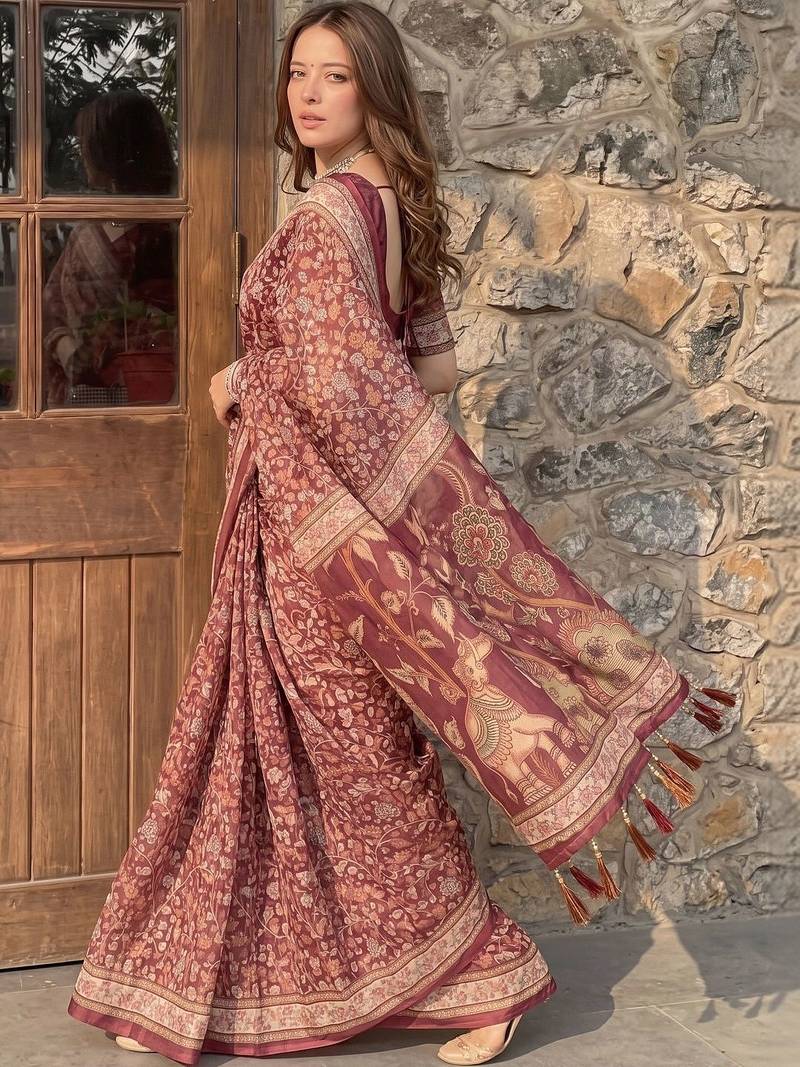 Maroon floral pure cotton saree