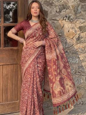 Maroon floral pure cotton saree 5