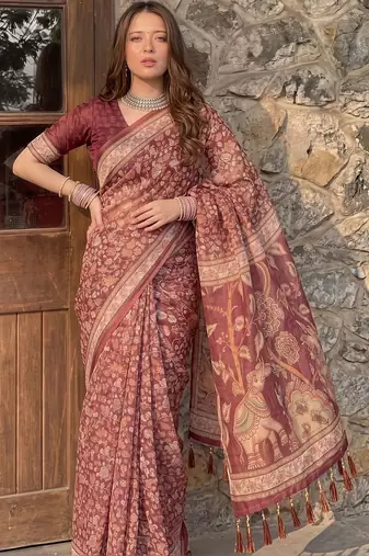 Maroon floral pure cotton saree