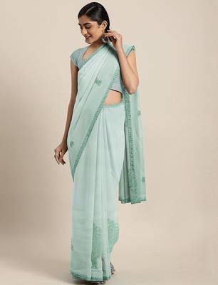 teal teal floral embroidered beads and stones saree 1