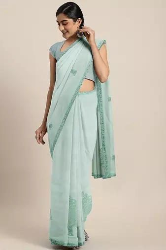 teal teal floral embroidered beads and stones saree