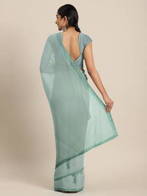 teal teal floral embroidered beads and stones saree 2