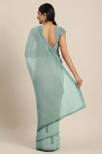 teal teal floral embroidered beads and stones saree
