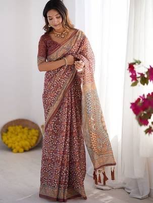 maroon floral printed pure cotton saree with blouse piece 1