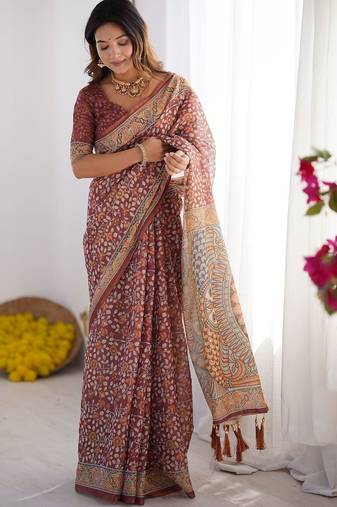 maroon floral printed pure cotton saree with blouse piece