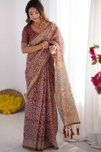 maroon floral printed pure cotton saree with blouse piece