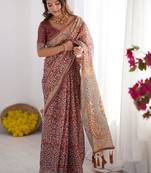 maroon floral printed pure cotton saree with blouse piece