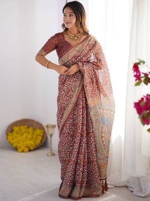 maroon floral printed pure cotton saree with blouse piece 2