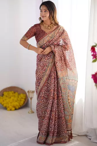 maroon floral printed pure cotton saree with blouse piece