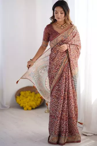 maroon floral printed pure cotton saree with blouse piece