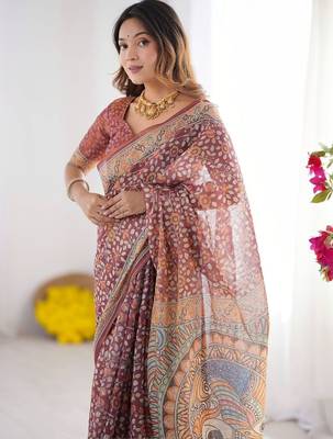 maroon floral printed pure cotton saree with blouse piece 4