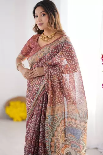 maroon floral printed pure cotton saree with blouse piece