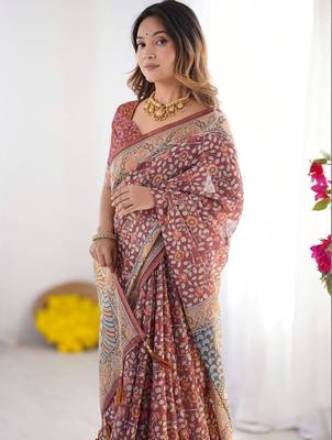 maroon floral printed pure cotton saree with blouse piece 5