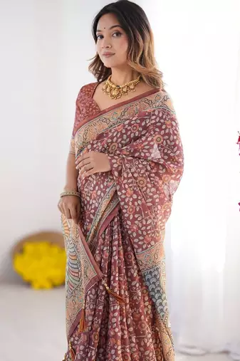 maroon floral printed pure cotton saree with blouse piece