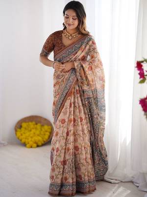 Beige floral printed cotton saree 1