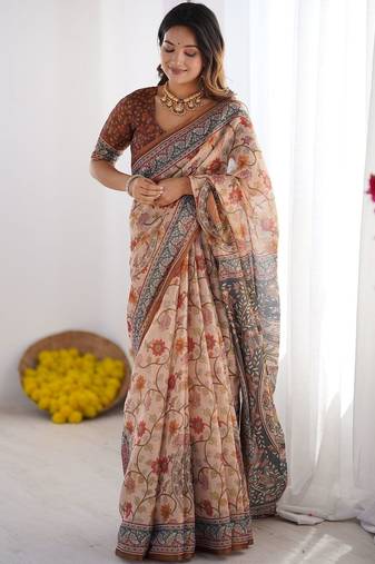 Beige floral printed cotton saree