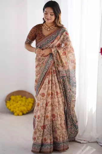 Beige floral printed cotton saree