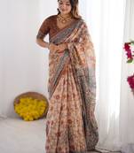Beige floral printed cotton saree