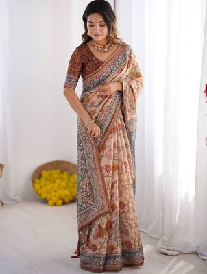 Beige floral printed cotton saree 2