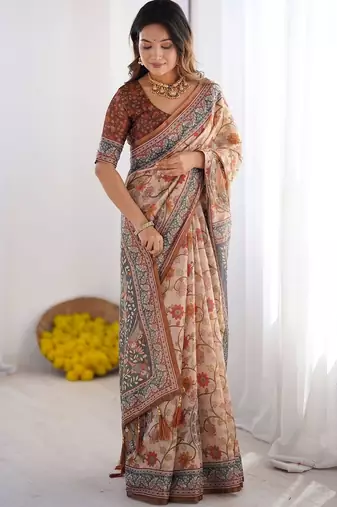 Beige floral printed cotton saree