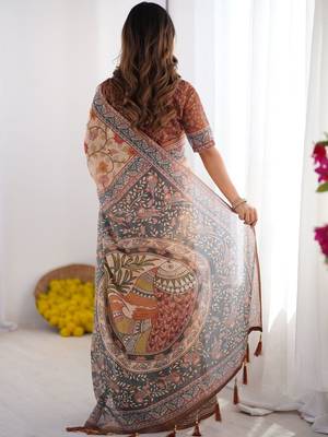 Beige floral printed cotton saree 3