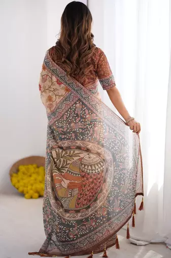 Beige floral printed cotton saree