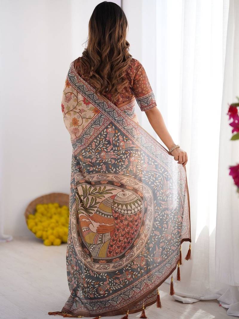 Beige floral printed cotton saree