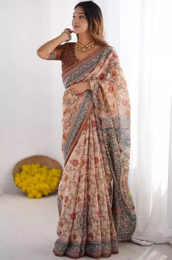 Beige floral printed cotton saree