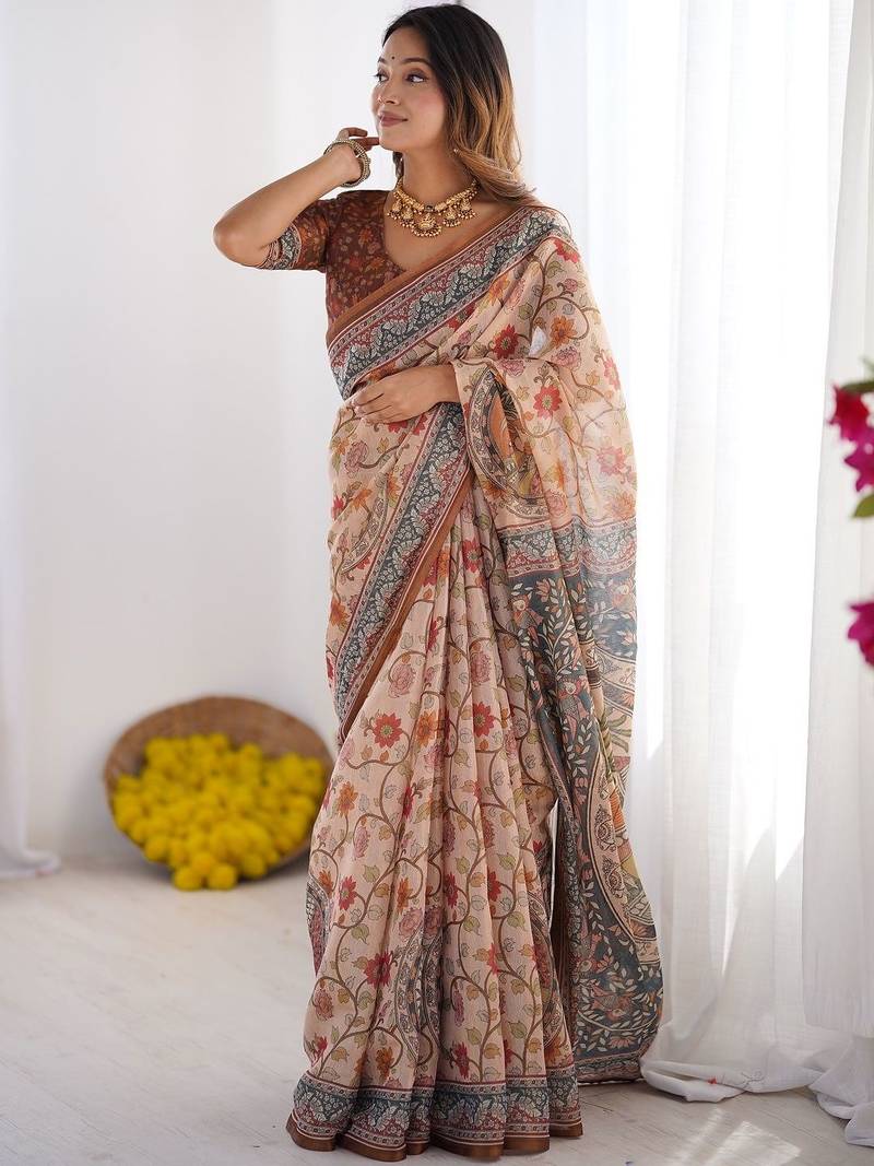 Beige floral printed cotton saree