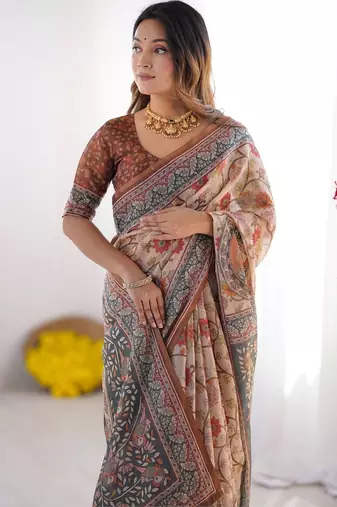 Beige floral printed cotton saree