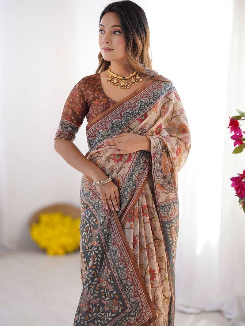 Beige floral printed cotton saree