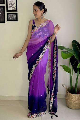 purple floral embroidered saree