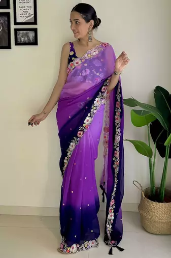 purple floral embroidered saree
