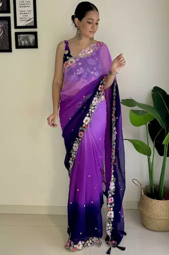 purple floral embroidered saree