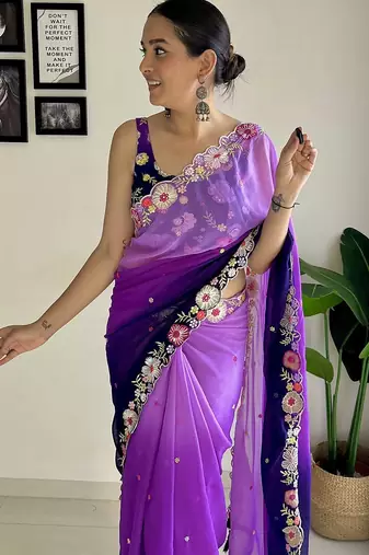 purple floral embroidered saree