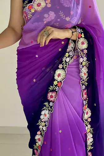 purple floral embroidered saree